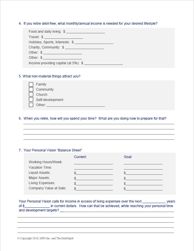 Personal Vision Worksheet | YourExitMap Exit Planning for Business Owners