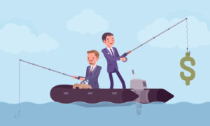 2 businessmen fishing for money from a boat