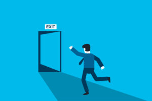 man running toward business exit on blue background