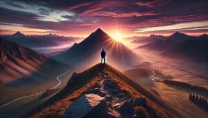 Man on mountain observing sunrise. Man is thinking about setting SMART goals.
